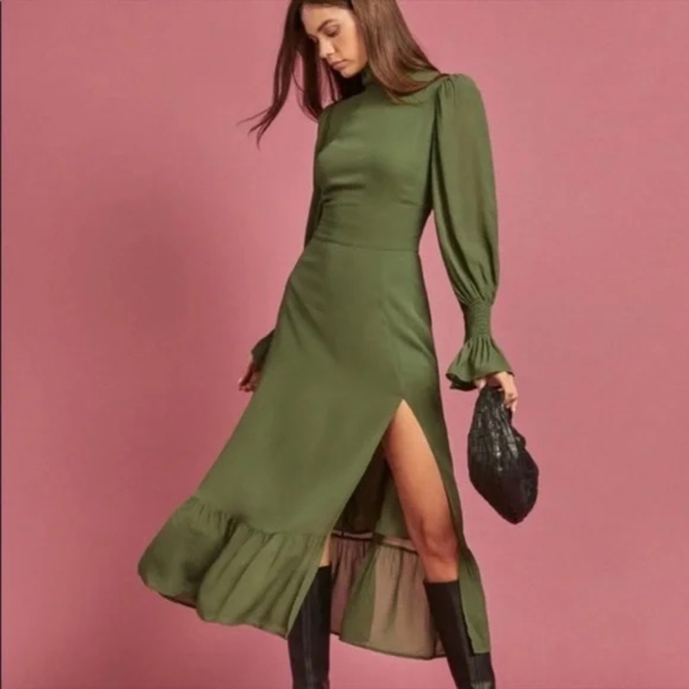 NEW Reformation Galena Long Sleeve Midi Olive Green Dress - 4